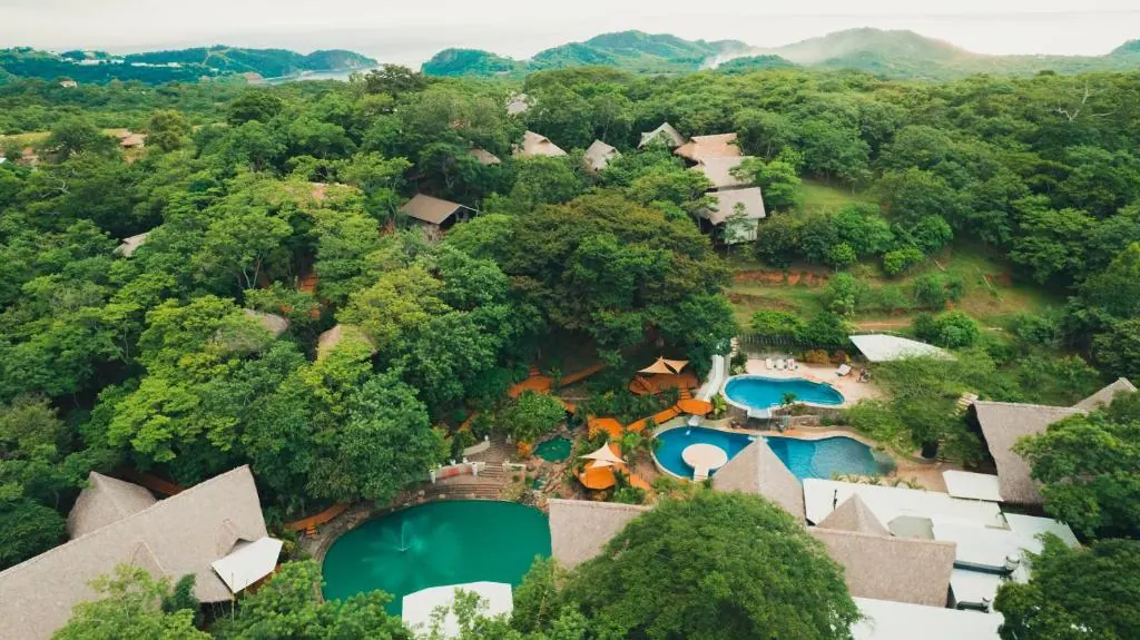 An aerial view from TreeCasa of the surrounding jungle opening to the bay and the Pacific Ocean below
